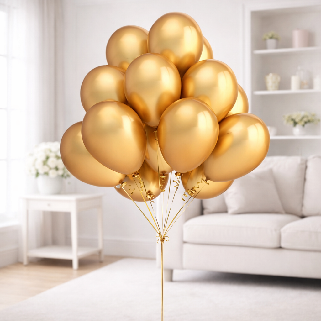 Metallic gold chrome balloon bouquet in a white living room.