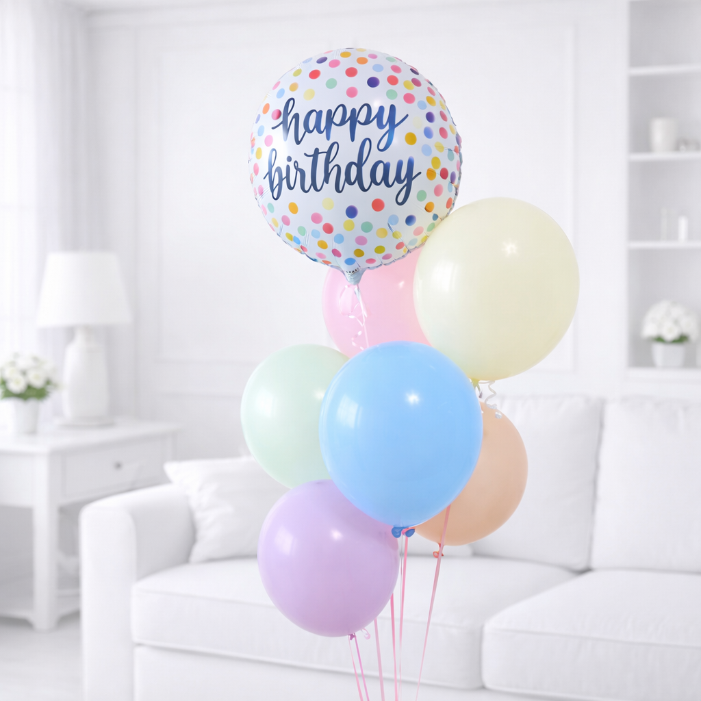 Happy Birthday foil balloon with pastel latex balloon bouquet.