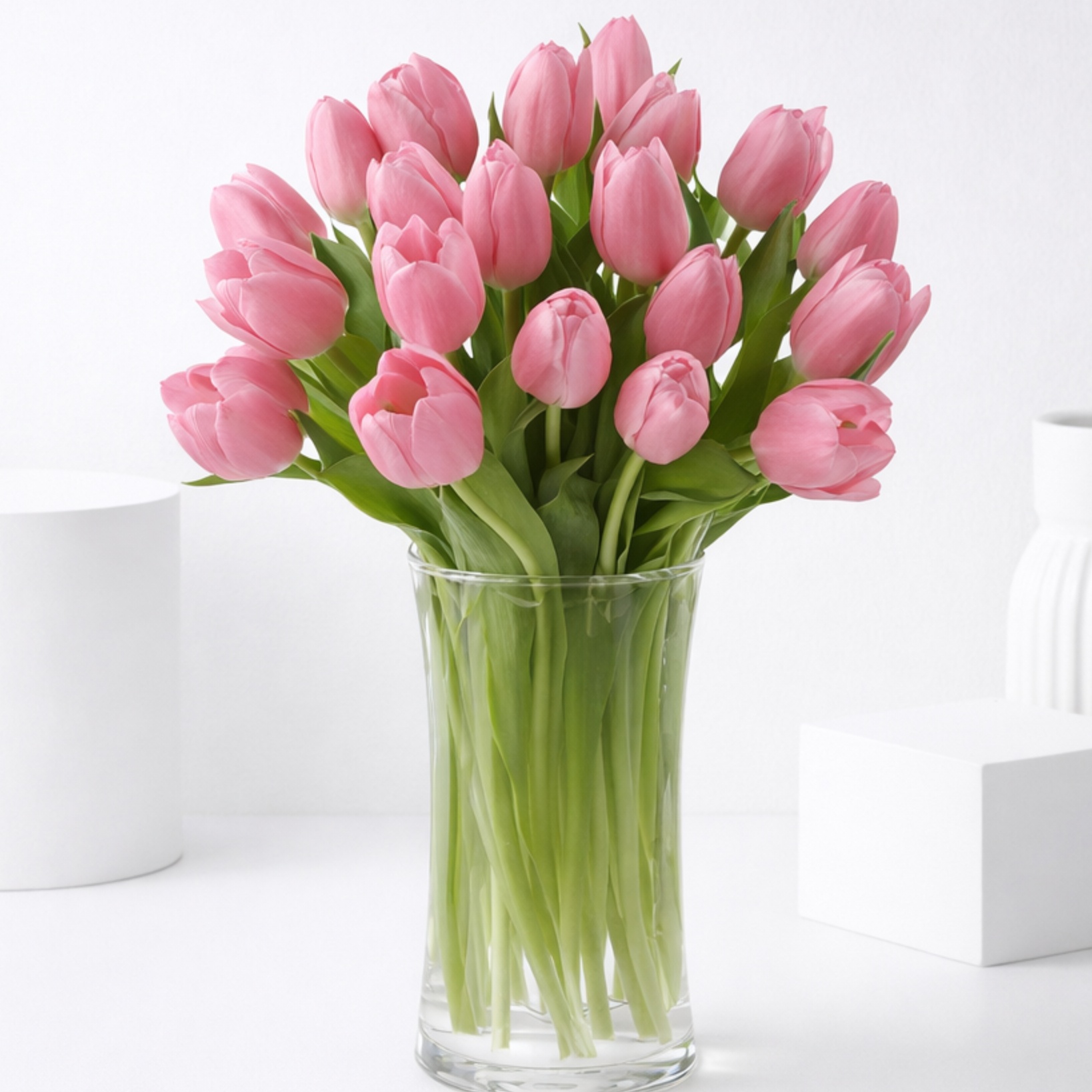 A clear glass vase filled with fresh pink tulips on a white surface.