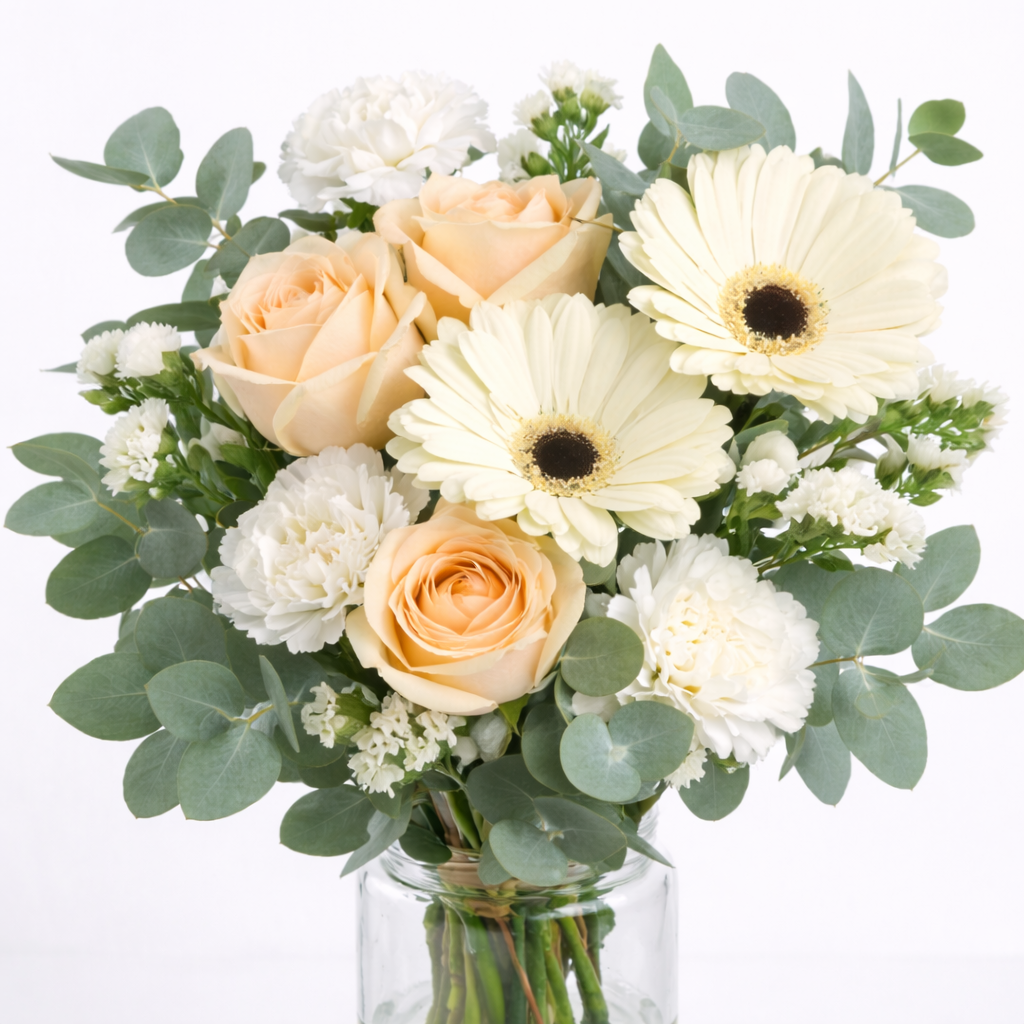 Close-up of peach roses, white gerbera daisies, and eucalyptus bouquet.