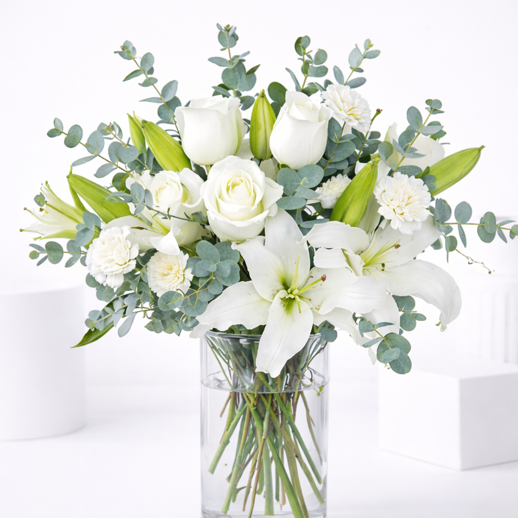 Close-up of white lilies, roses, and carnations with eucalyptus in a clear glass vase.