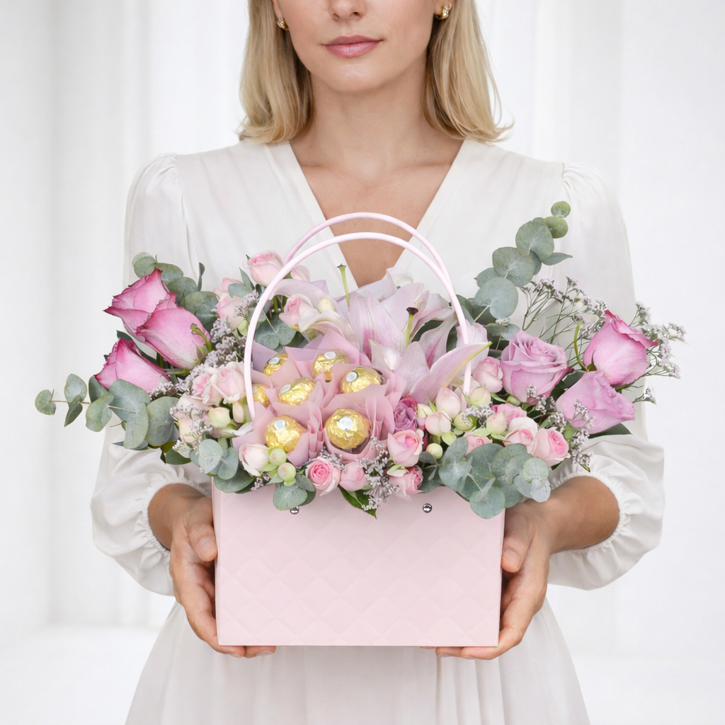 Woman in a white dress holding a pink quilted handbag-style flower box filled with pink roses, lilies, spray roses, Ferrero Rocher chocolates, and eucalyptus.