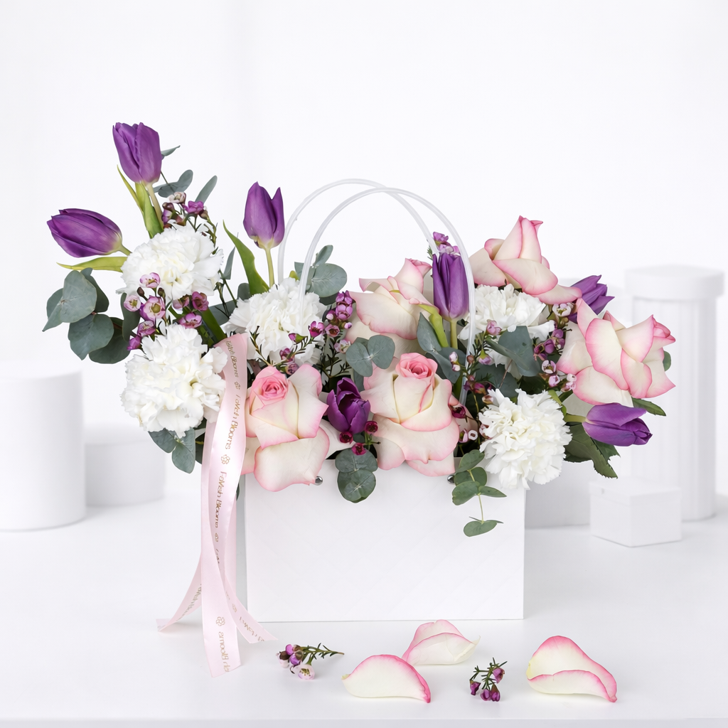 Purple tulips, cream roses with pink edges, white carnations, and pink wax flowers with eucalyptus in a white handled bag with a Favish Blooms ribbon.