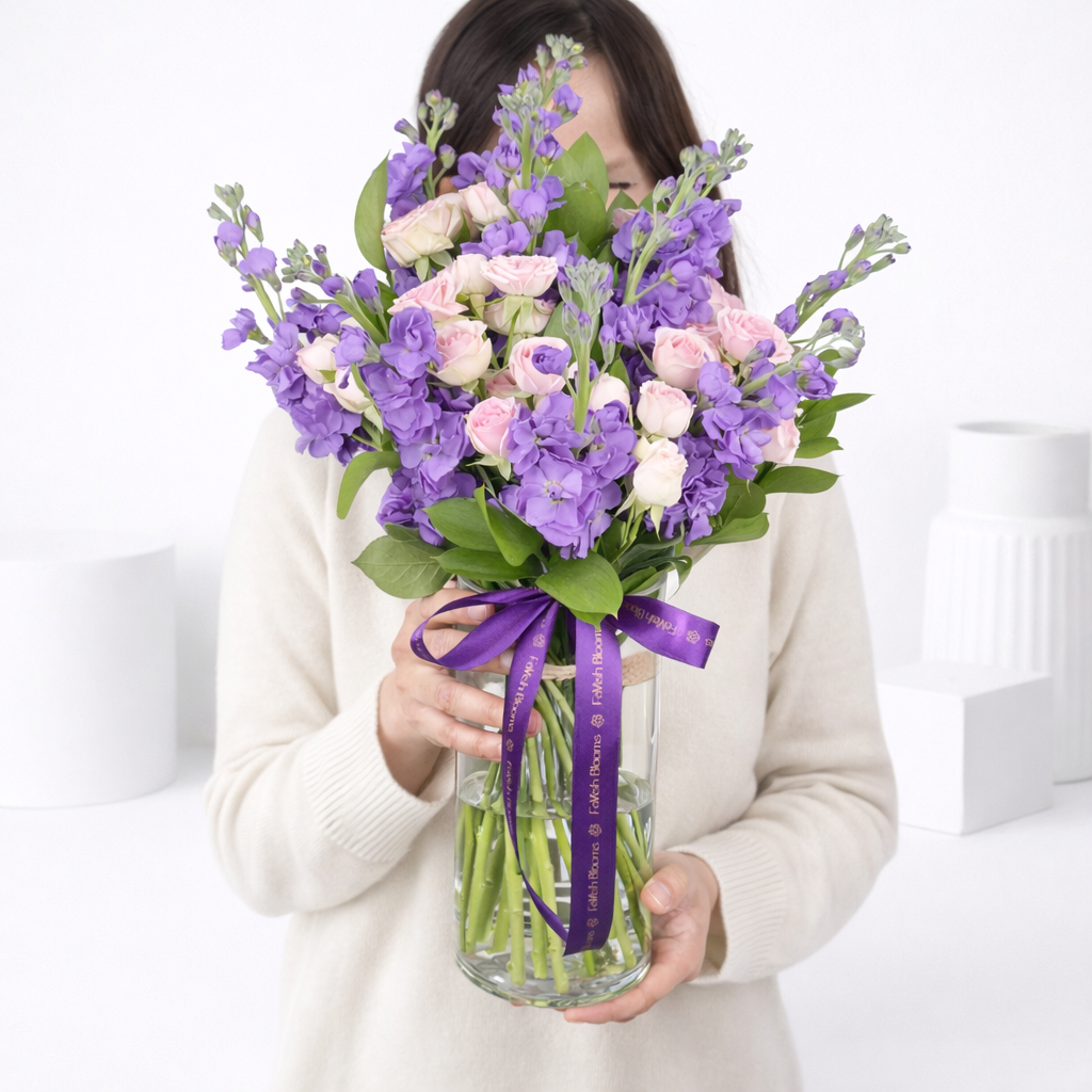 Woman in white sweater holding glass vase of purple stock flowers and pink spray roses with purple ribbon.