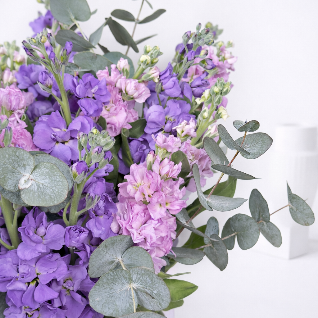Close-up of purple and pink stock flowers with trailing eucalyptus branches.