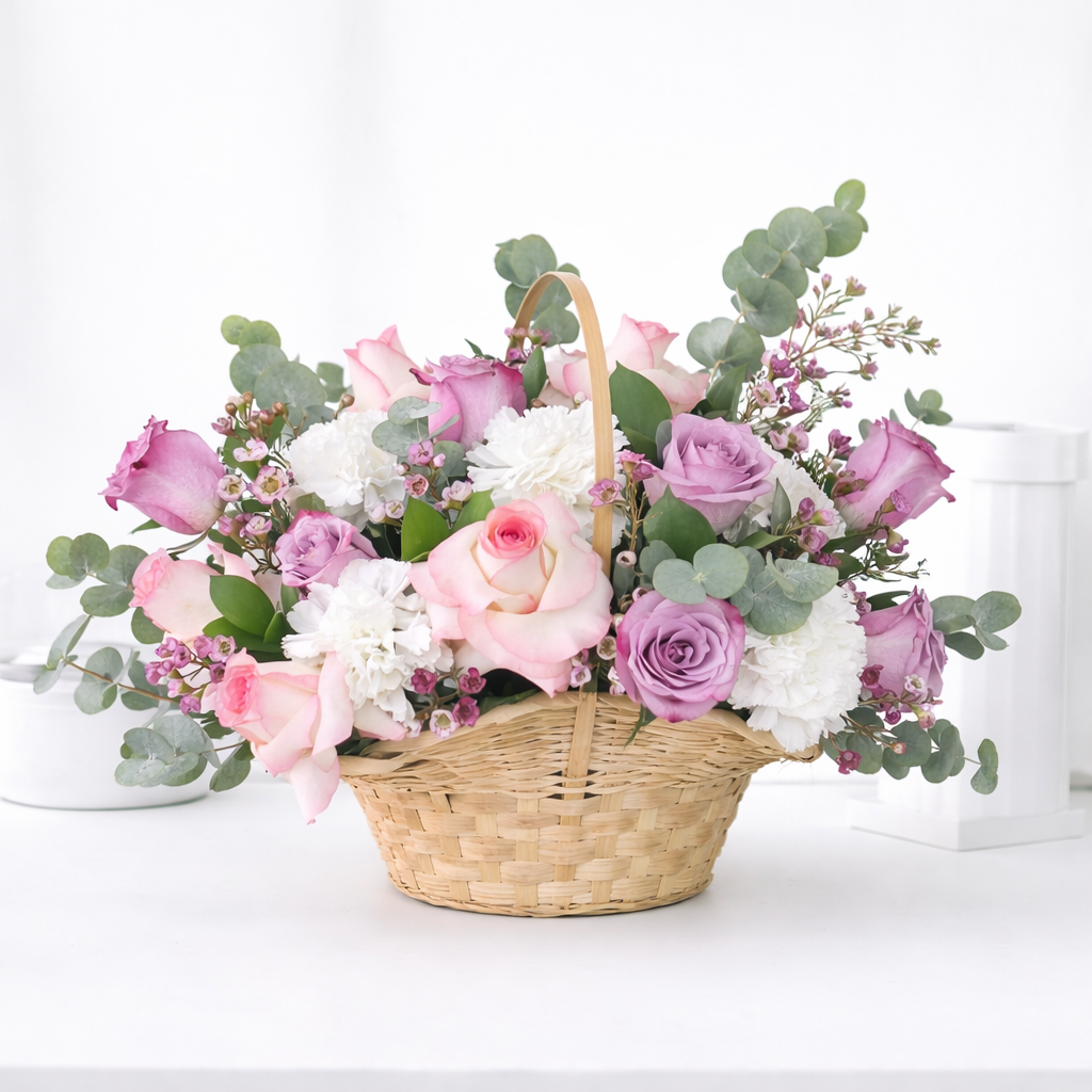 A lovely wicker basket arrangement with **pink & lavender roses**, **white carnations**, **wax flowers**, and **eucalyptus** greenery. Soft, romantic, and elegant! 🌸