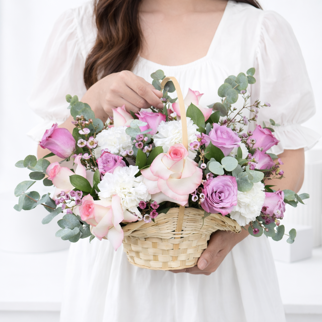 Same beautiful basket, now held by a woman in a white dress — looks like a perfect gift presentation! 🌸