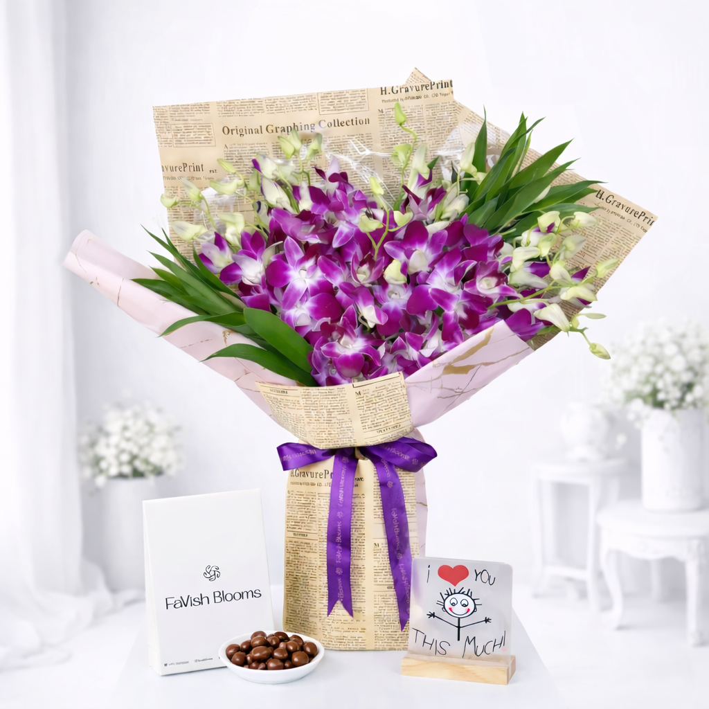 Purple orchid bouquet wrapped in newspaper print paper with chocolate balls and an "I Love You This Much" greeting card.
