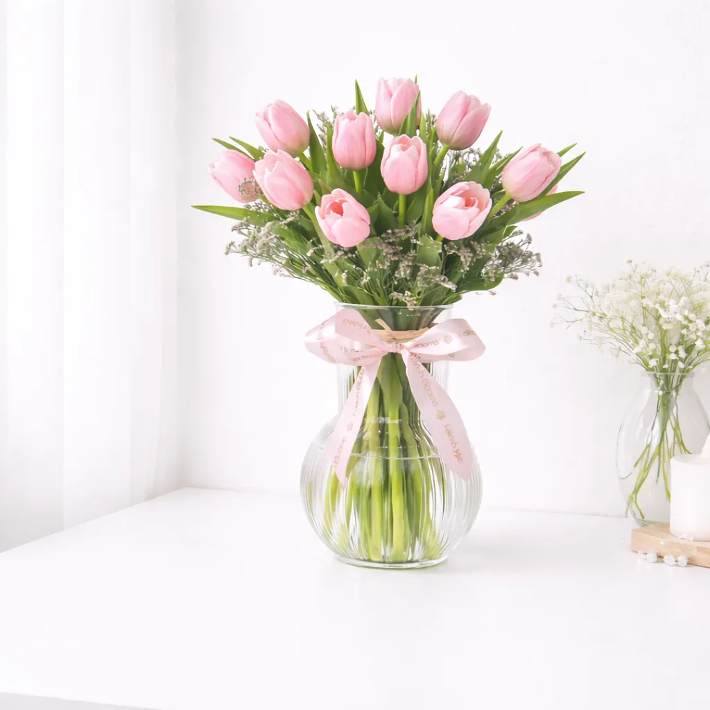Pink tulip bouquet in a glass vase with a pink ribbon bow on a white table.