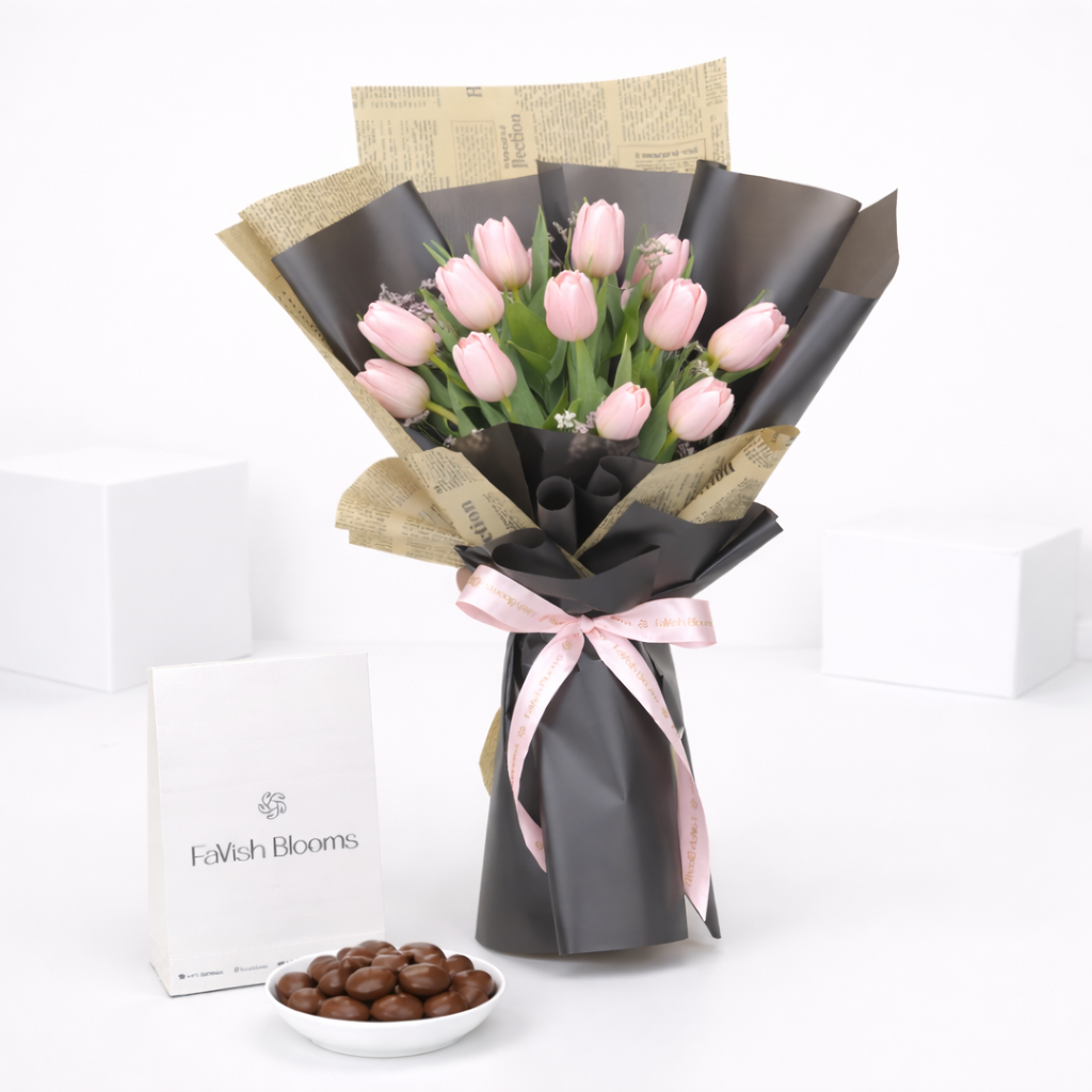 Pink tulip bouquet in black and newspaper wrap with chocolate almonds and FaVish Blooms gift bag.