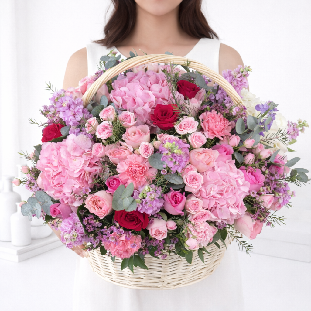 Woman holding a large pink and red floral basket arrangement.