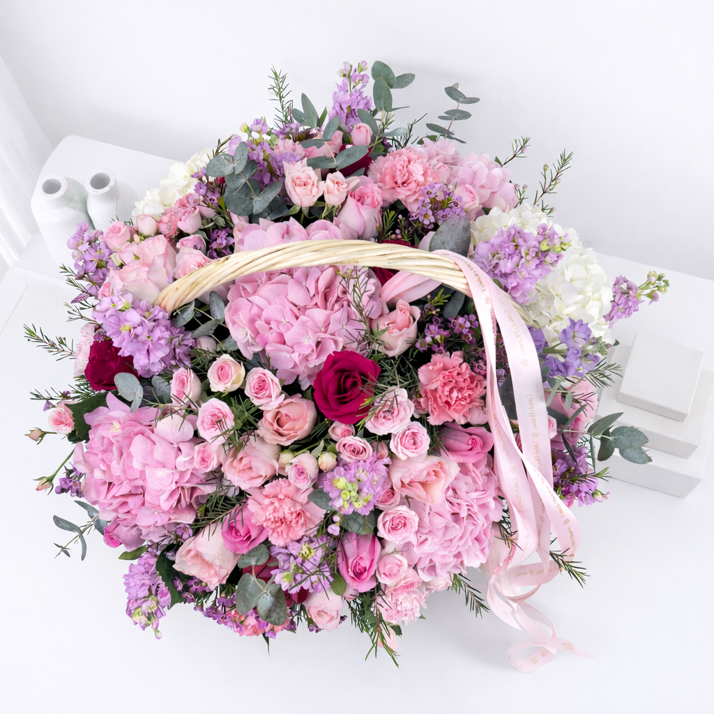 Top view of pink and red floral basket with roses and hydrangeas.