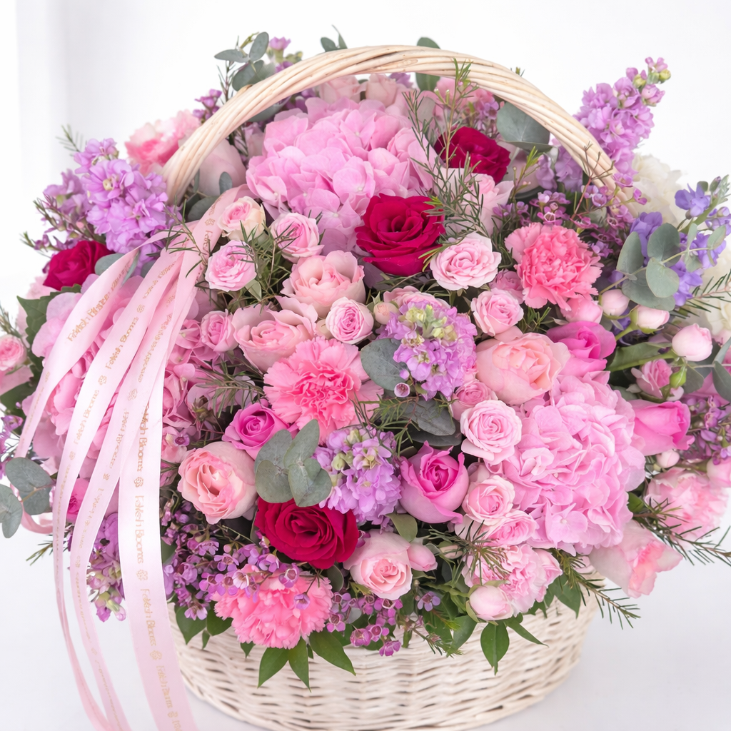 Pink floral basket with roses, hydrangeas, and ribbon.