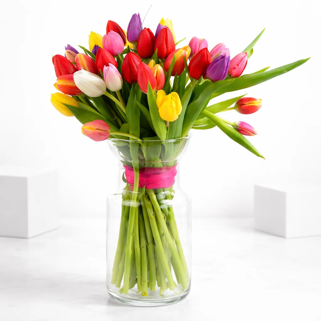 `A colorful bouquet of mixed tulips in a clear glass vase.`