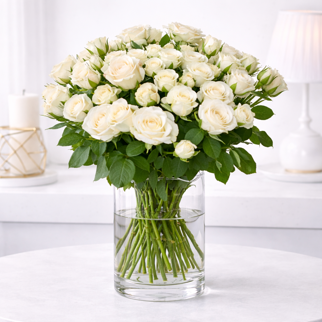 Lush bouquet of white roses in a clear glass vase on a white table.