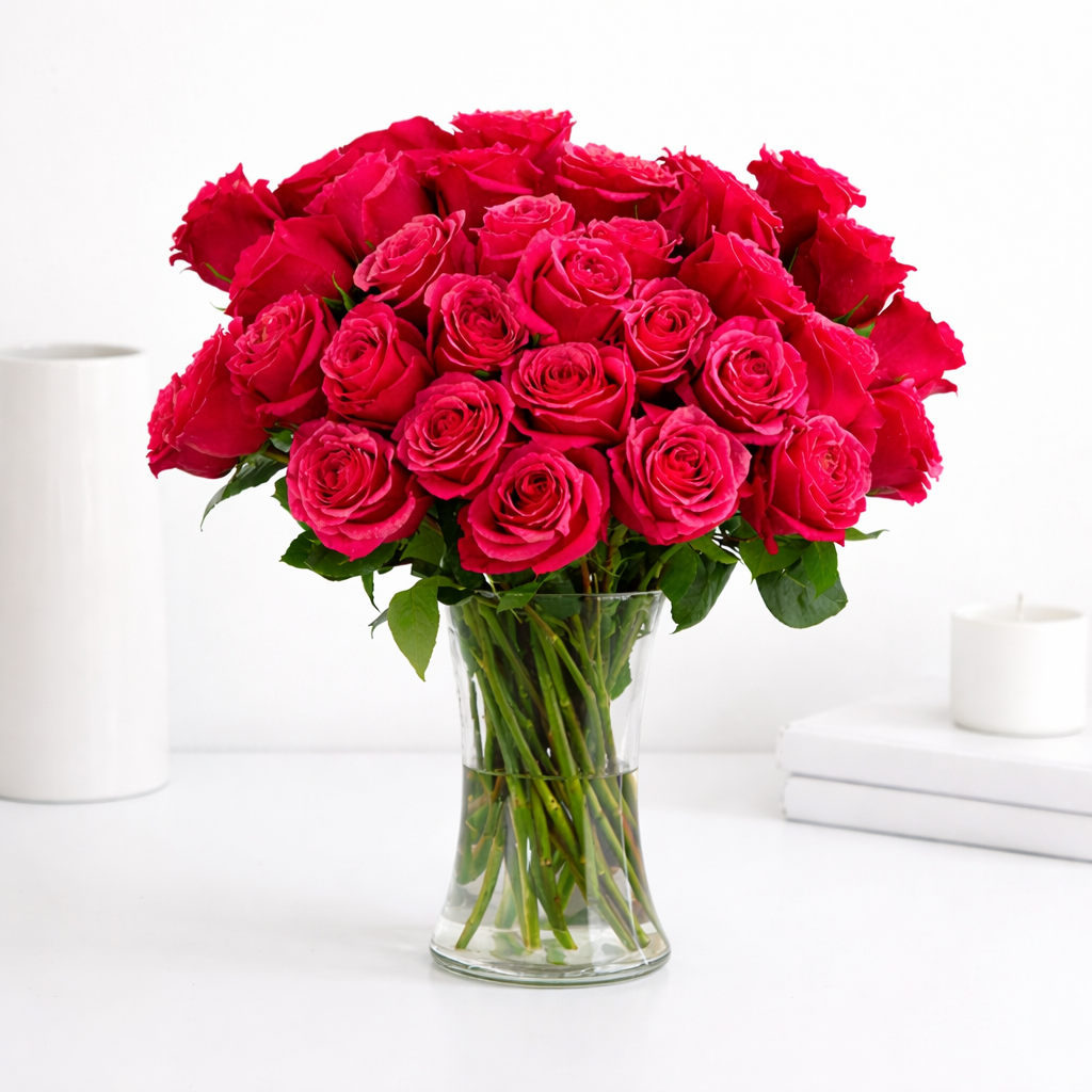 "Full bouquet of deep pink roses in a clear glass vase on a white surface."