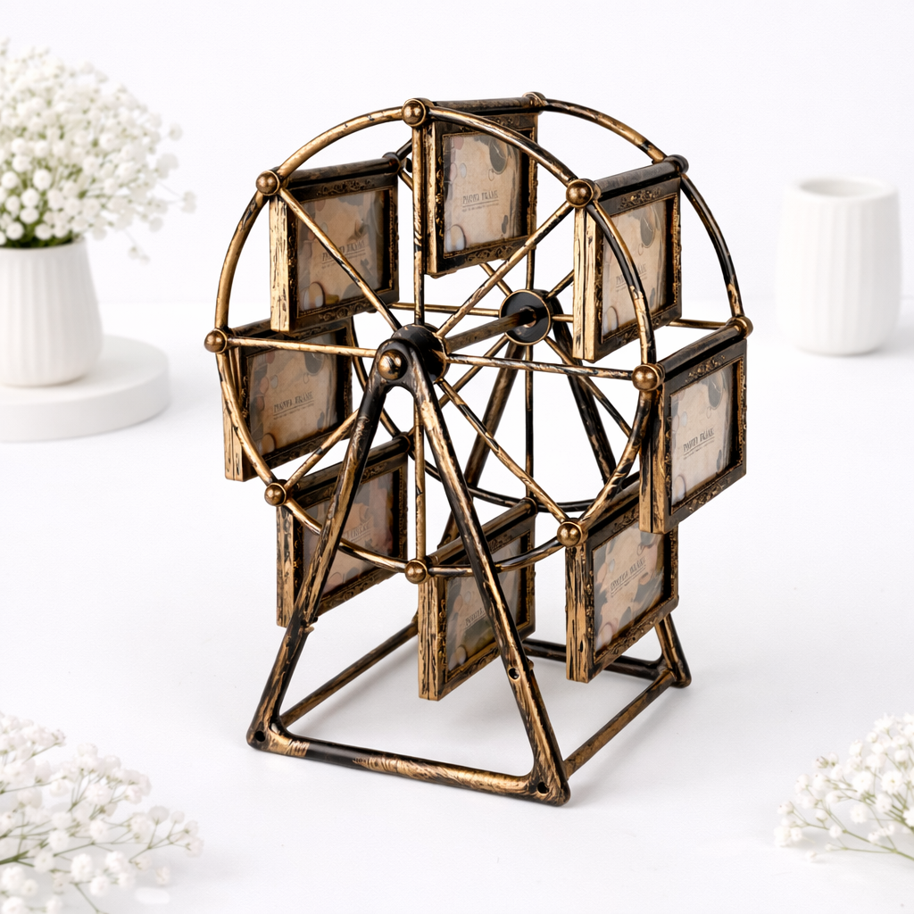 Side view of a vintage bronze ferris wheel rotating photo frame with eight slots, showing its decorative metal spoke design.