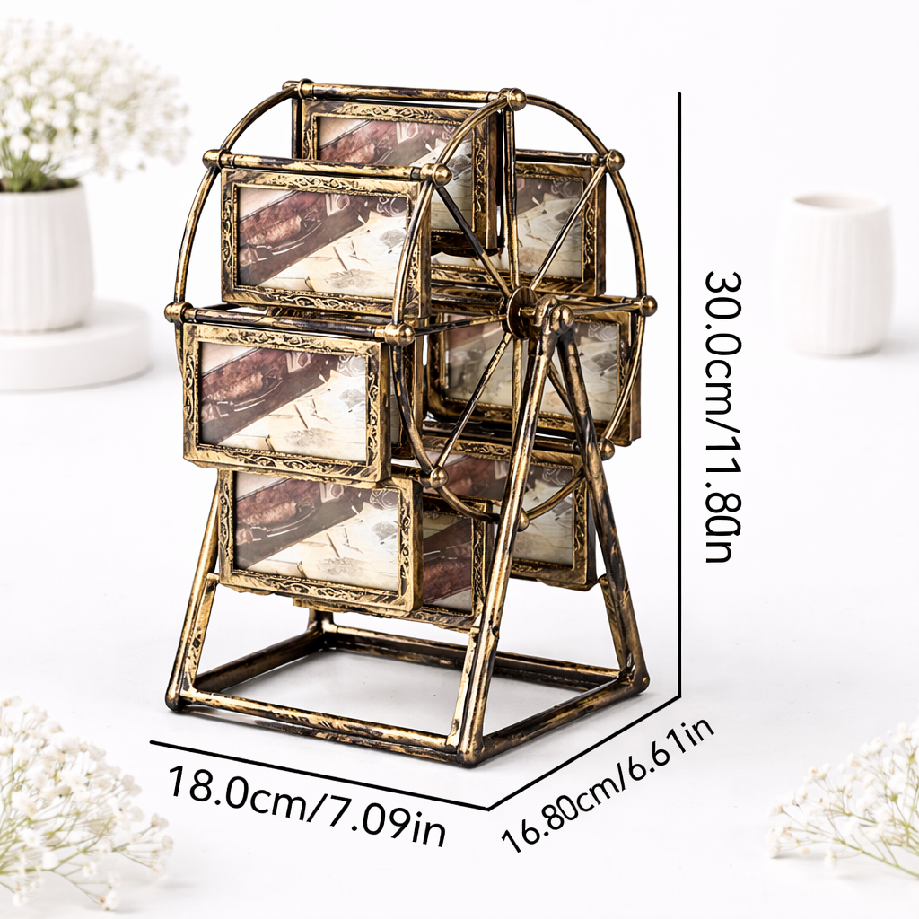 Vintage bronze ferris wheel photo frame with dimensions: 30cm tall × 18cm wide × 16.8cm deep (11.80in × 7.09in × 6.61in).