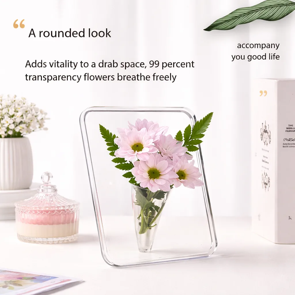 Pink daisies with green fern leaves in a clear acrylic frame vase, styled on a desk with a candle jar and books.