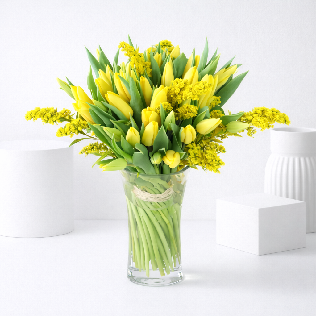 Yellow tulips and mimosa blossoms arranged in a clear glass vase on a white surface.