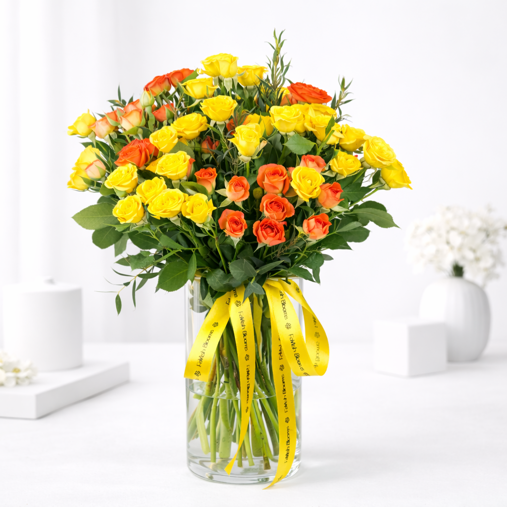 A glass vase of yellow and orange roses with greenery, tied with a yellow ribbon.