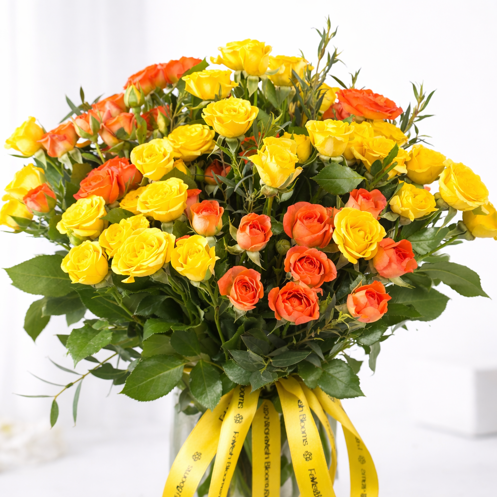 Close-up of a lush bouquet of yellow and orange roses with greenery, tied with a yellow ribbon.
