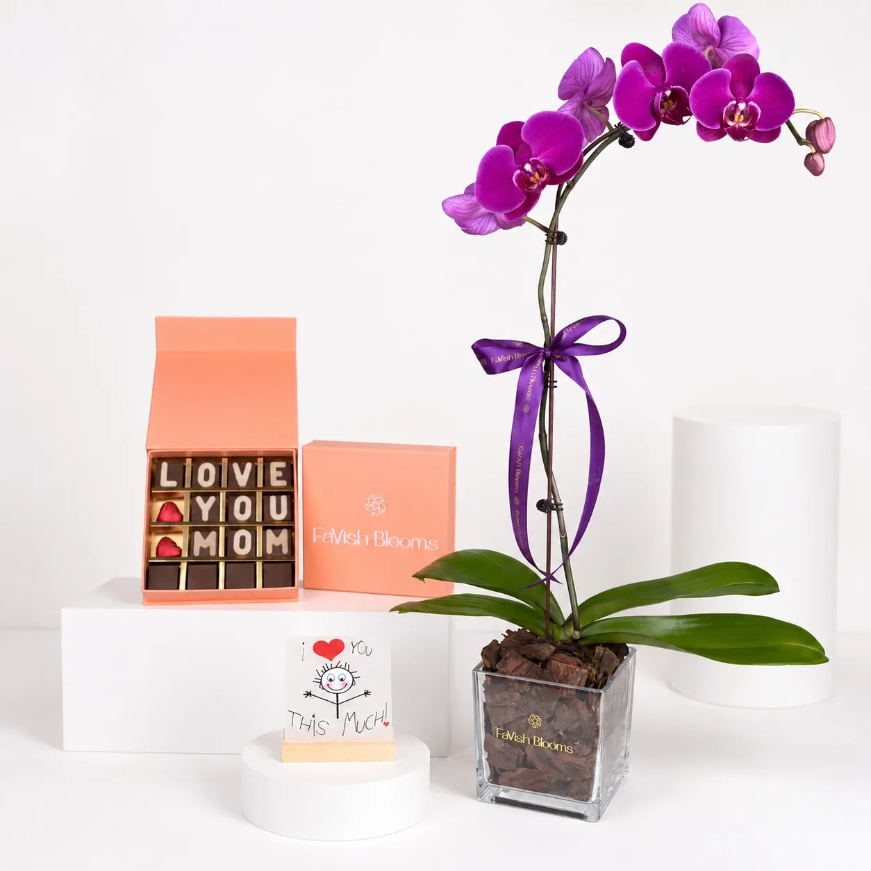 Purple orchid plant with Love You Mom chocolate box