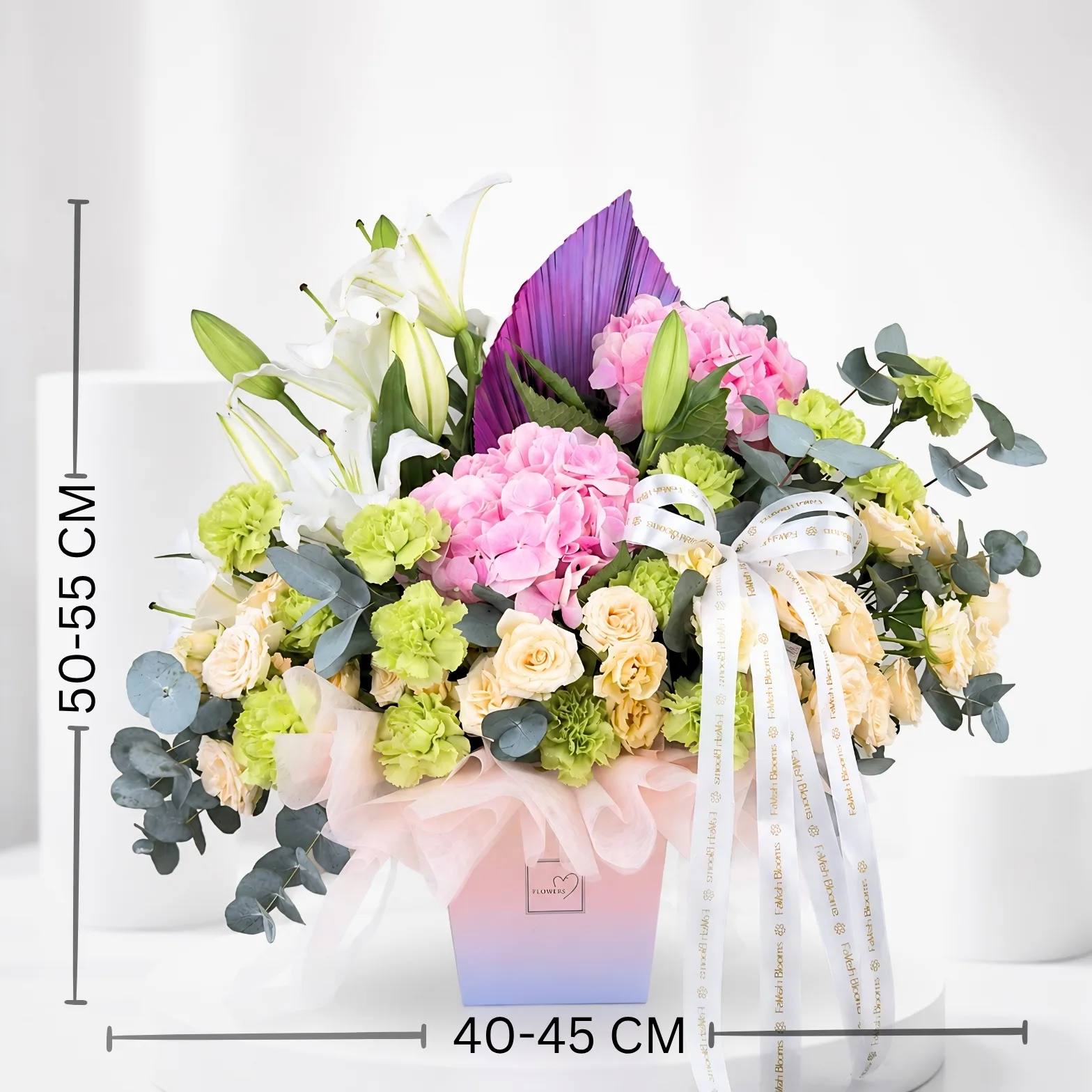 Pastel rainbow flower box arrangement with size details