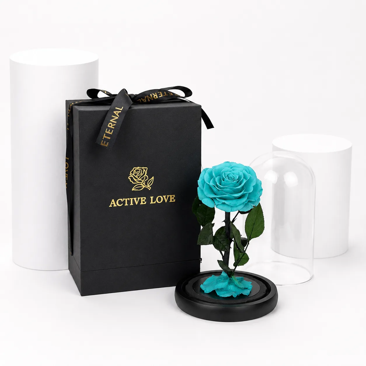 Turquoise preserved rose with luxury black gift box and glass dome cover.
