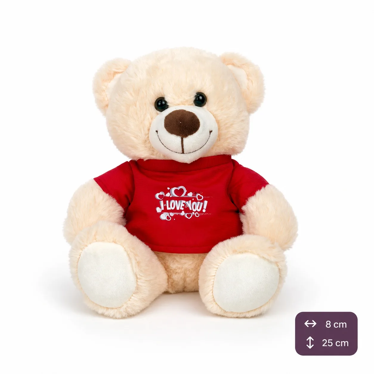 Cream teddy bear wearing a red “I Love You” shirt.