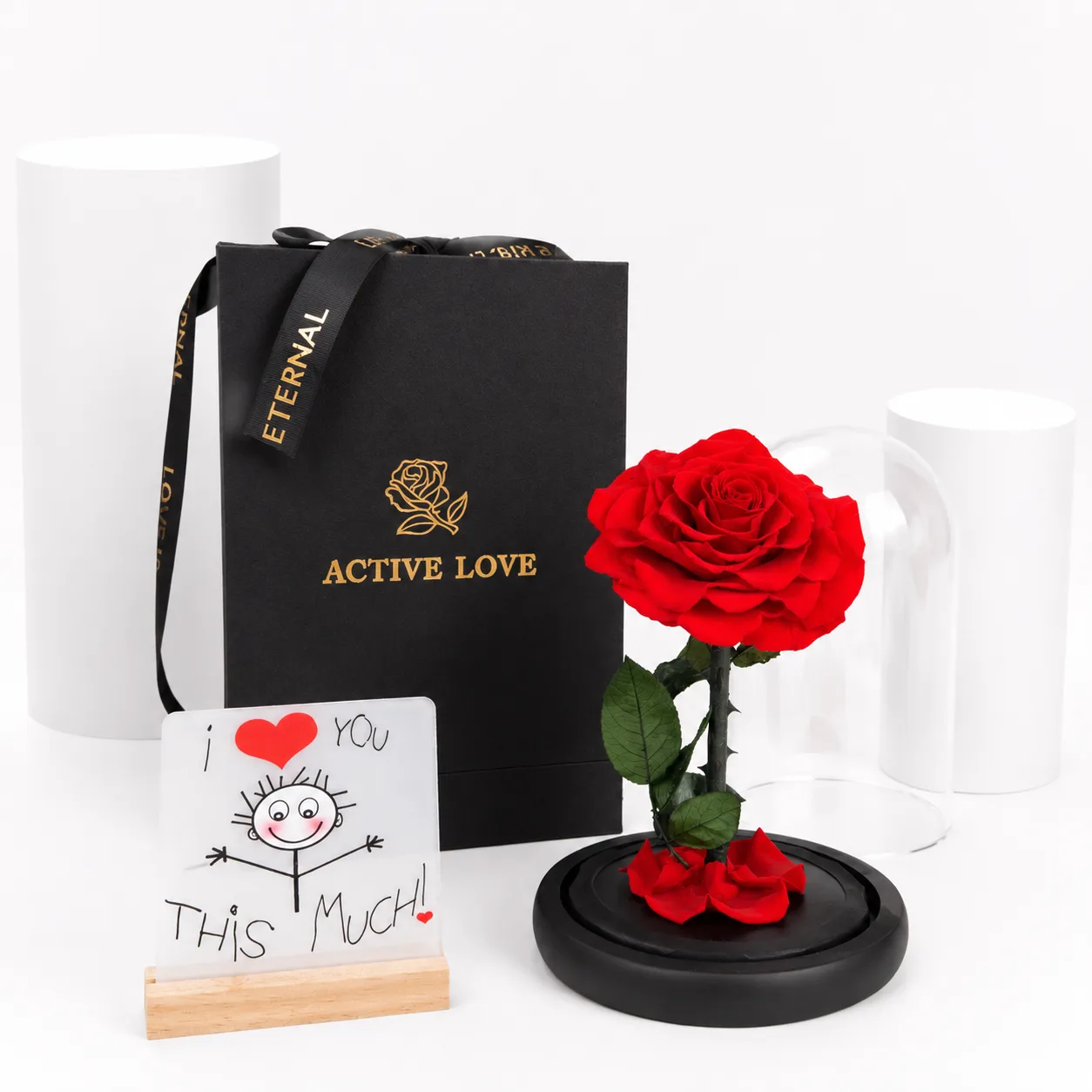 Red preserved rose gift set with luxury black gift box and “I Love You This Much” message card.