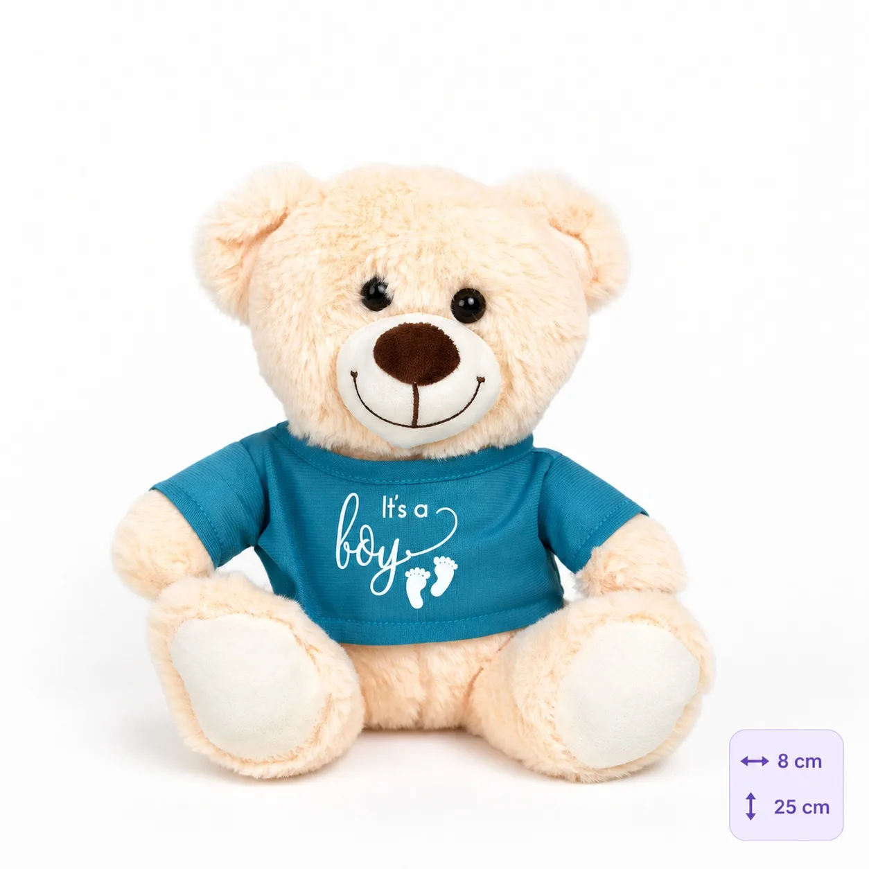 Cream teddy bear wearing a blue “It’s a Boy” shirt, perfect for newborn baby boy gifts.