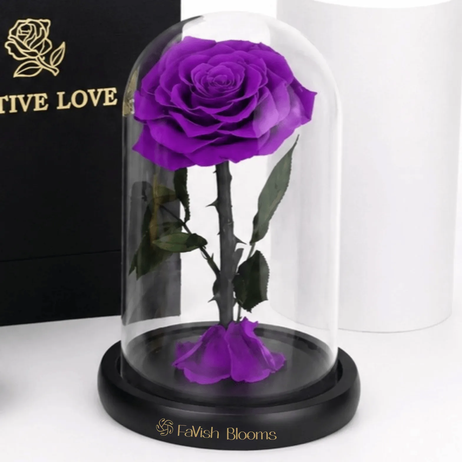 Close-up of a luxury purple preserved rose displayed inside a glass dome on a black Favish Blooms base, symbolizing elegance and everlasting beauty.