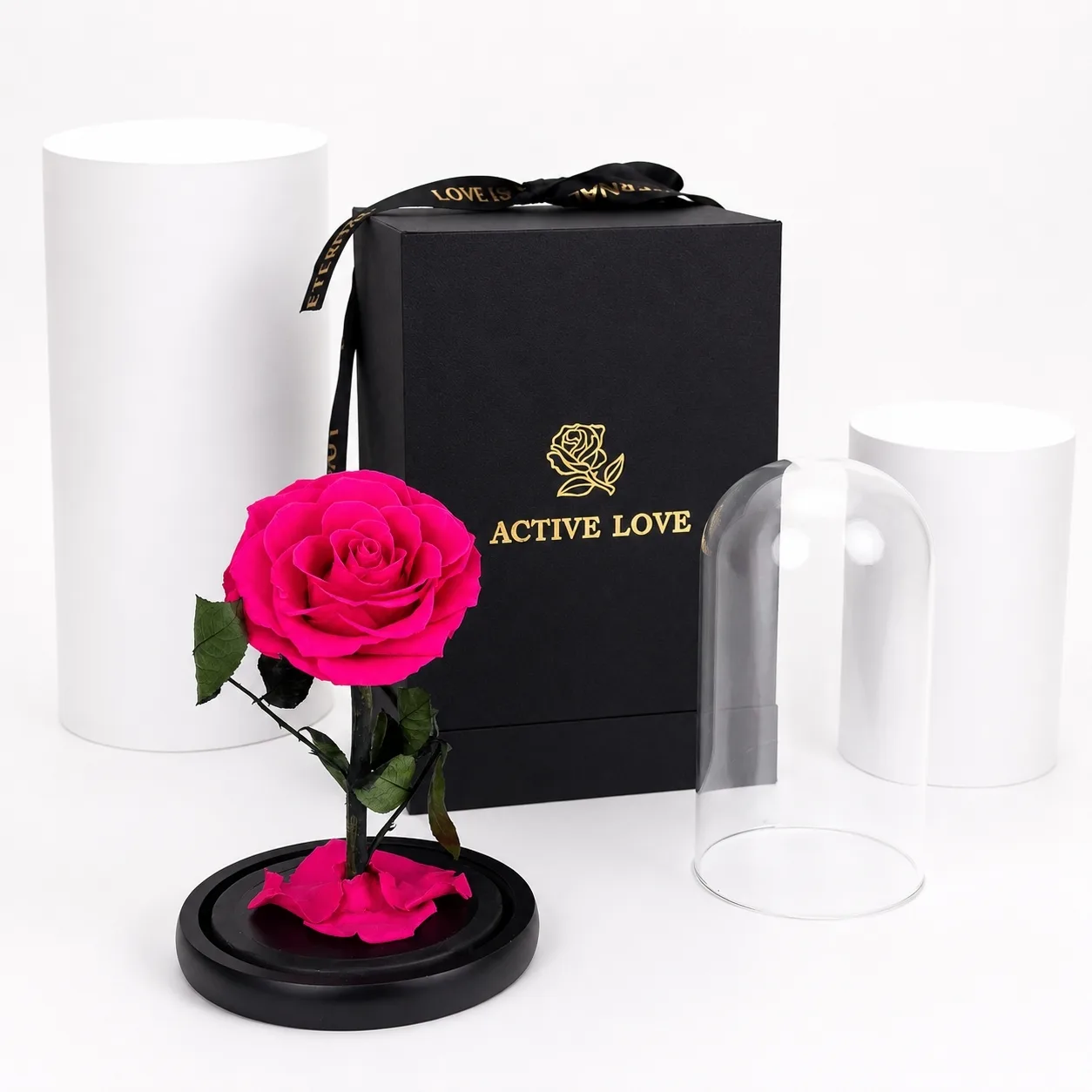 Luxury pink preserved rose with removable glass dome and premium black gift box, displayed on a clean white studio background.